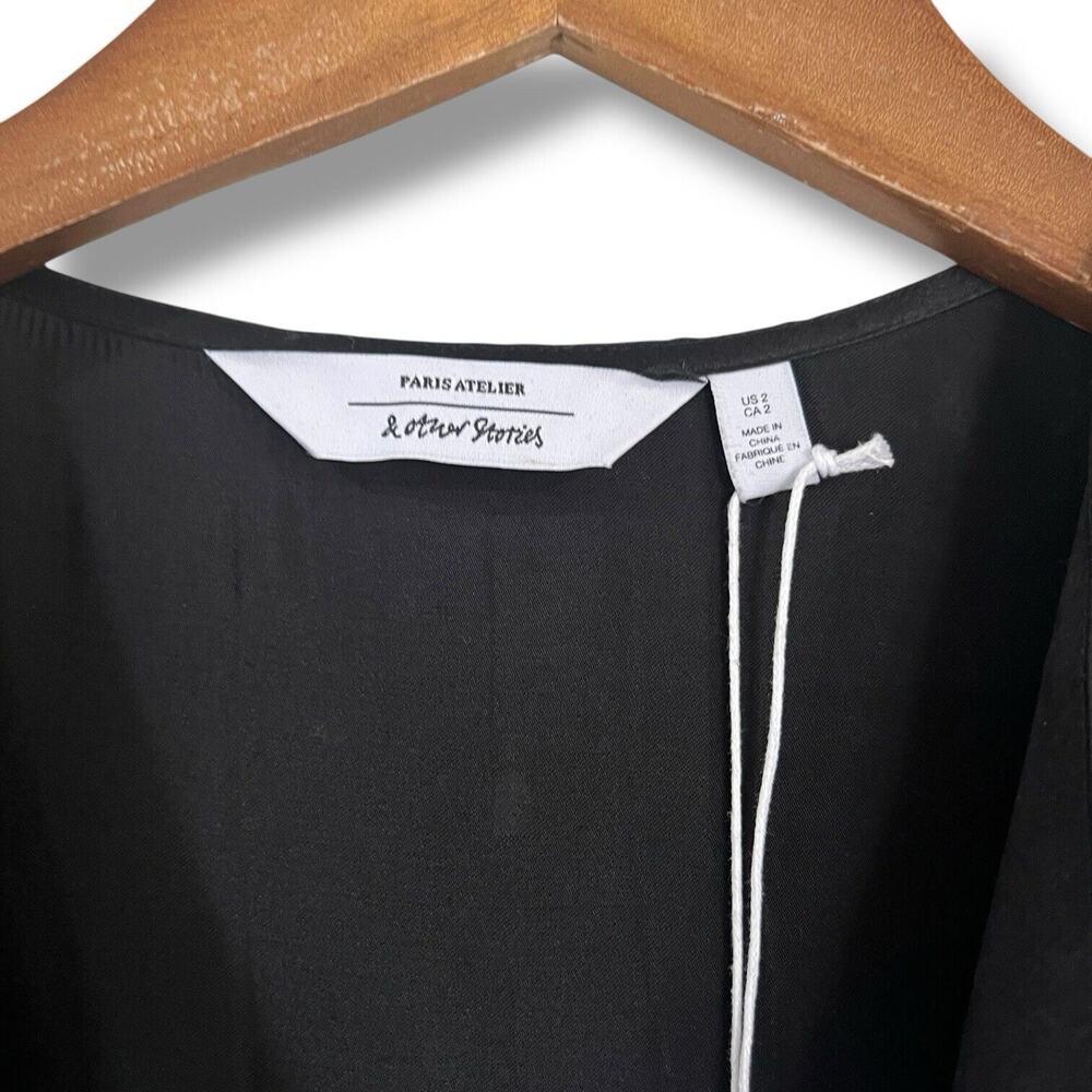 & Other Stories Black Silk Blend Satin Tie Front Midi Dress Sz 2 Flutter Sleeve - Picture 4 of 12